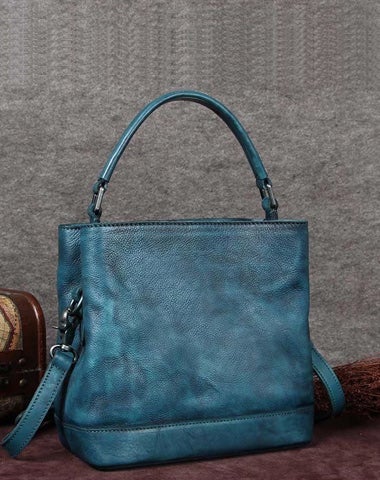 Vintage Women Blue Bucket Handbag Leather Brown Shoulder Barrel Bag Bucket Bag for Ladies