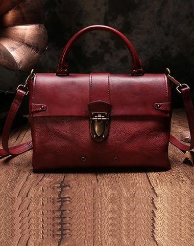 Vintage Womens Red Leather Satchel Handbags Purse Shoulder Crossbody Bags for Ladies