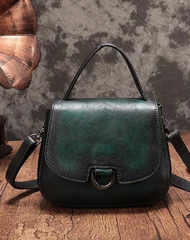 Vintage Womens Green Leather Small Handbag Shoulder Bag Brown Dome Satchel Purse Bag for Ladies