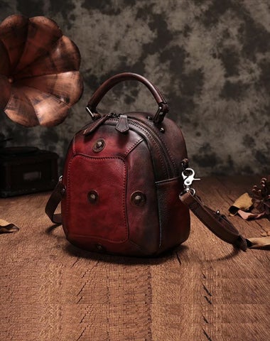 Red Geometric Vintage Womens Leather Round Brown Handbag Box Shoulder Bag Purse for Ladies