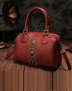 Red Vintage Ladies Leather Stud Boston Tote Bag