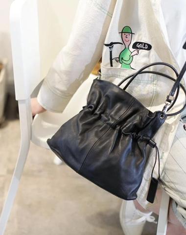 Black Soft Leather Bucket Shoulder Bag