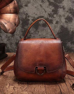 Vintage Womens Brown Leather Small Handbag Shoulder Bag Dome Satchel Purse Bag for Ladies