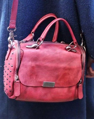 Vintage Women Red Leather Botston Handbags Shoulder Bag Crossbody Bags Purse for Ladies