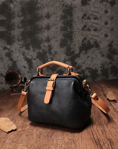 Black Leather Women's MIni Doctor Handbag Small Doctors Bag Doctor Style Handbag Purse for Ladies