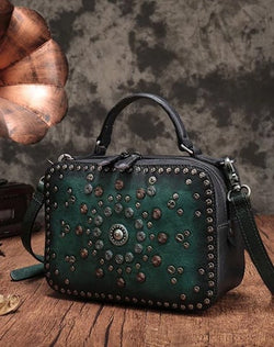 Vintage Womens Green Leather Handbag Purse Cube Rivet Shoulder Handbag Crossbody Bags
