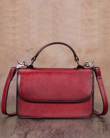 Red Vintage Womens Leather Square Satchel Handbag Brown Shoulder Bag Purse for Ladies