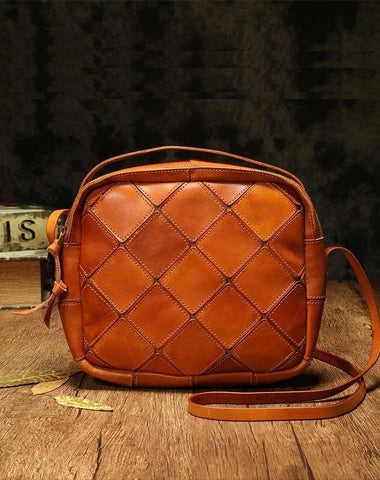 Brown Mosaic Womens Genuine Leather Shoulder Bag Handbag Bag Vintage Side Bag for Ladies