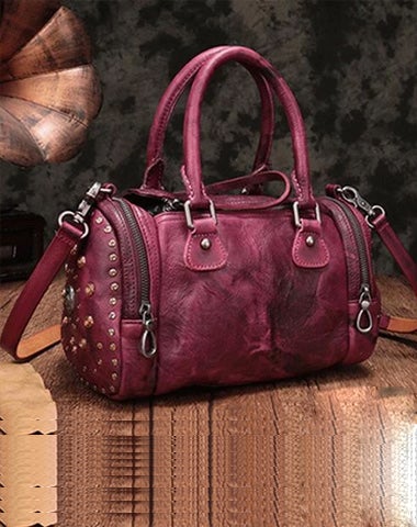 Purple Rivet Vintage Womens Leather Handbags Boston Purse Western Leather Boston Purses for Ladies