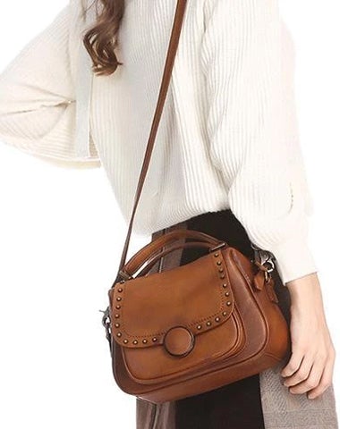 Brown Vintage Womens Leather Rivet Handbag Saddle Bag