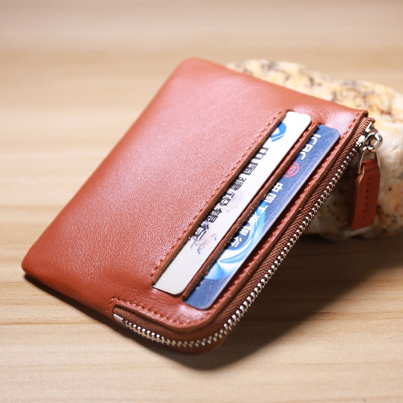 Slim Women Brown Leather Card Wallet Minimalist Zip Billfold Card Holder Wallet Coin Wallet For Women