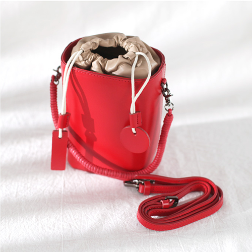 Fashionable Womens Small Red Leather Bucket Shoulder Bag