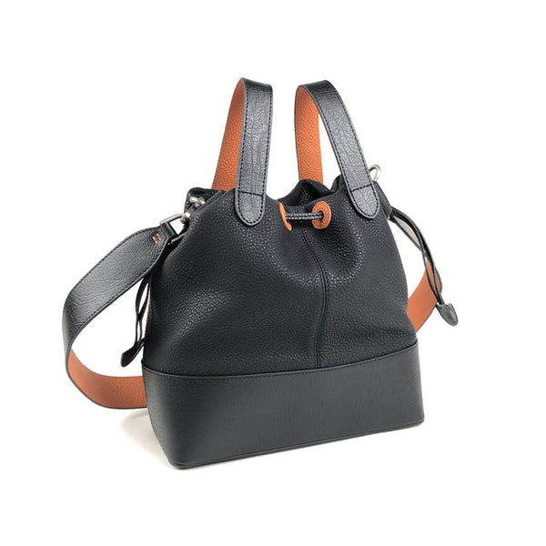 Vintage Small Black Leather Bucket Handbag Womens