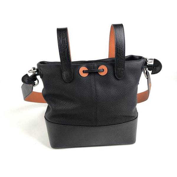 Vintage Small Black Leather Bucket Handbag Womens