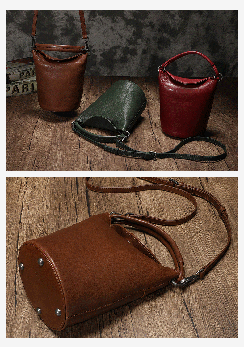 Brown Leather Bucket Handbag Womens Vintage Style