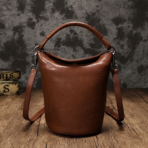 Brown Leather Bucket Handbag Womens Vintage Style