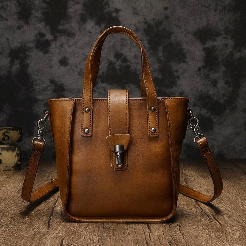 Small Vintage Red Womens Leather Bucket Handbag Brown Leather Bucket Shoulder Purse for Ladies