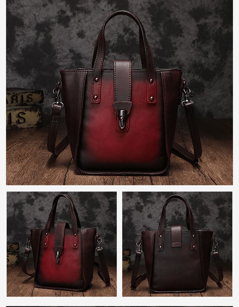 Small Vintage Brown Womens Leather Bucket Handbag Red Leather Bucket Shoulder Purse for Ladies