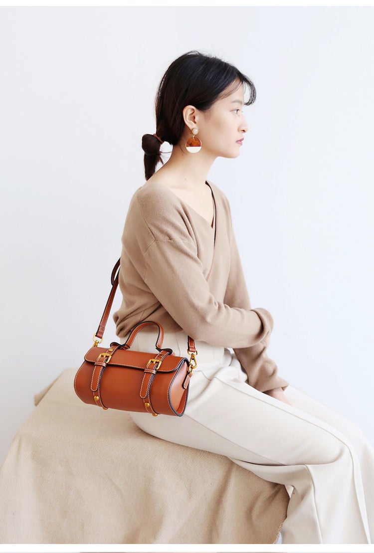 Stylish LEATHER WOMENs Barrel Handbags SHOULDER BAGs Purse FOR WOMEN