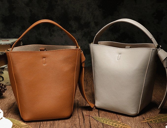 Stylish Leather Brown Gray Bucket Handbag Shoulder Bag Barrel Purse For Women