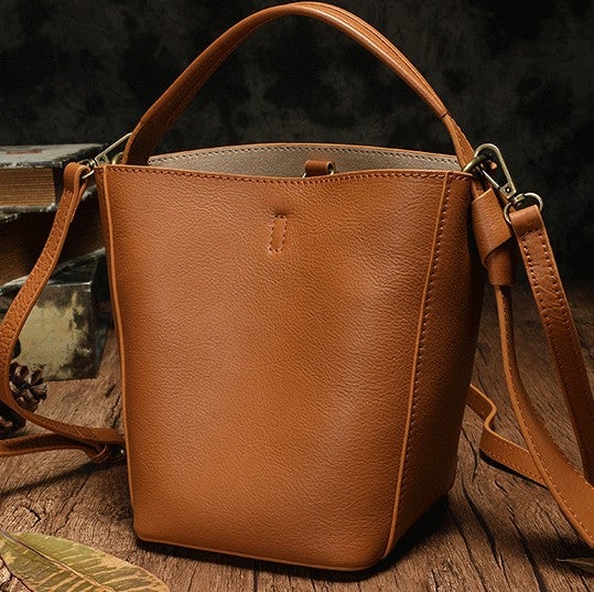 Brown Leather Shoulder Bucket Bag Minimalist Style