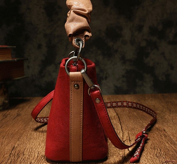 Fashionable Red Leather Bucket Handbag For Women