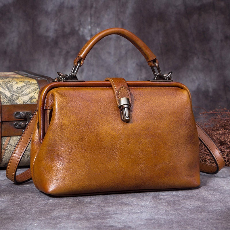 Handmade Tan Leather Handbag Vintage Doctor Bag Shoulder Bag Purse For Women