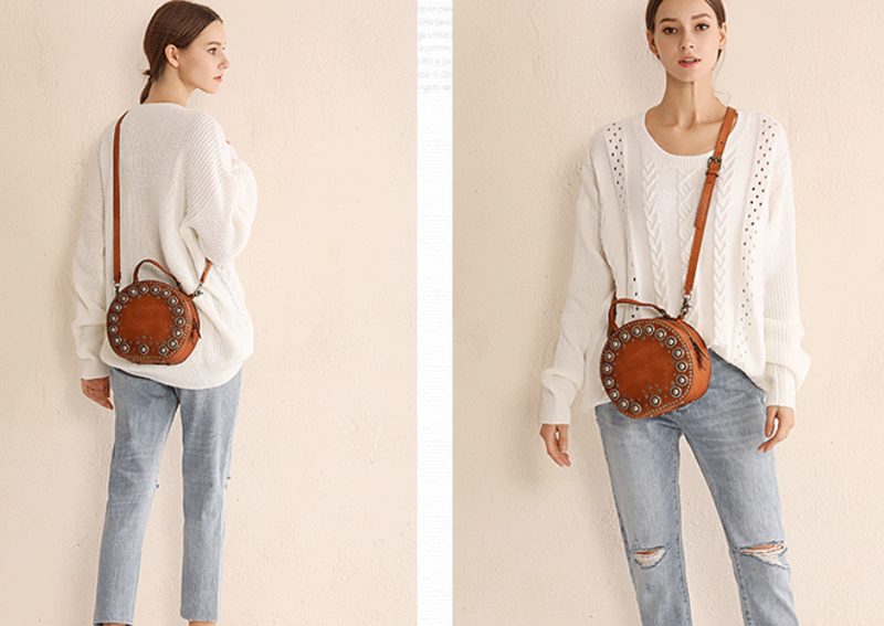 Metal Embroidered Leather Round Crossbody Bag