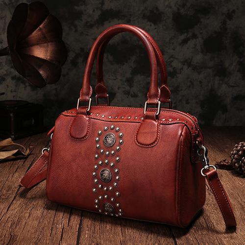 Vintage Red Ladies Leather Rivet Boston Handbag Purse Brown Shoulder Handbag for Women