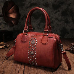 Red Vintage Ladies Leather Stud Boston Tote Bag