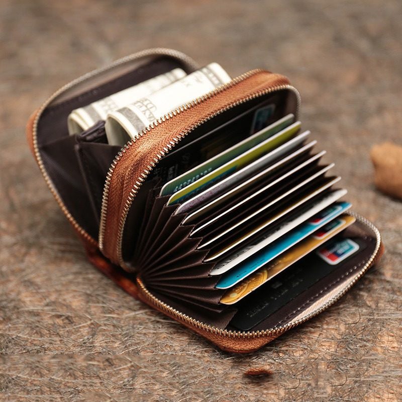 Vintage Women Brown Leather Card Holders Small Double Zip Card Wallet Small Wallet For Women