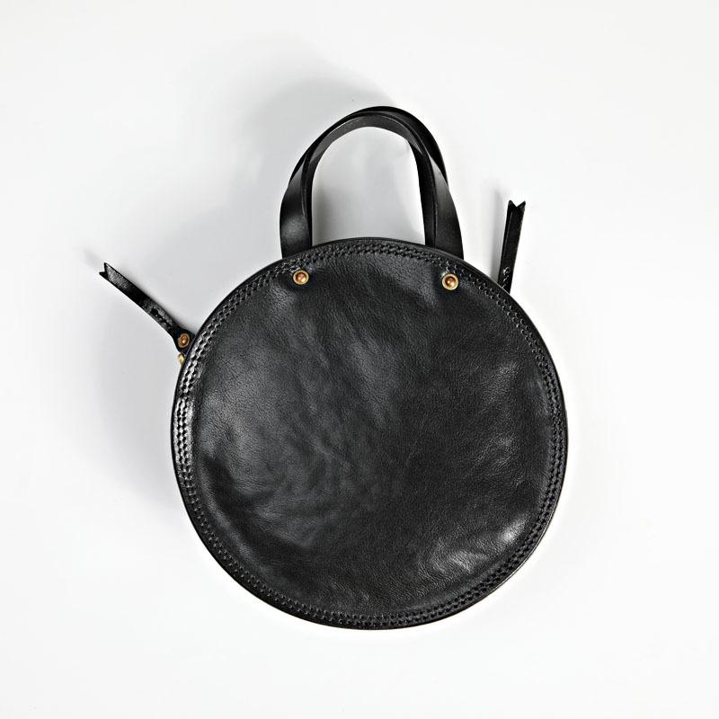 Vintage Womens Black Leather Round Handbag Purses Black Round Shoulder Bag Crossbody Handbag for Women