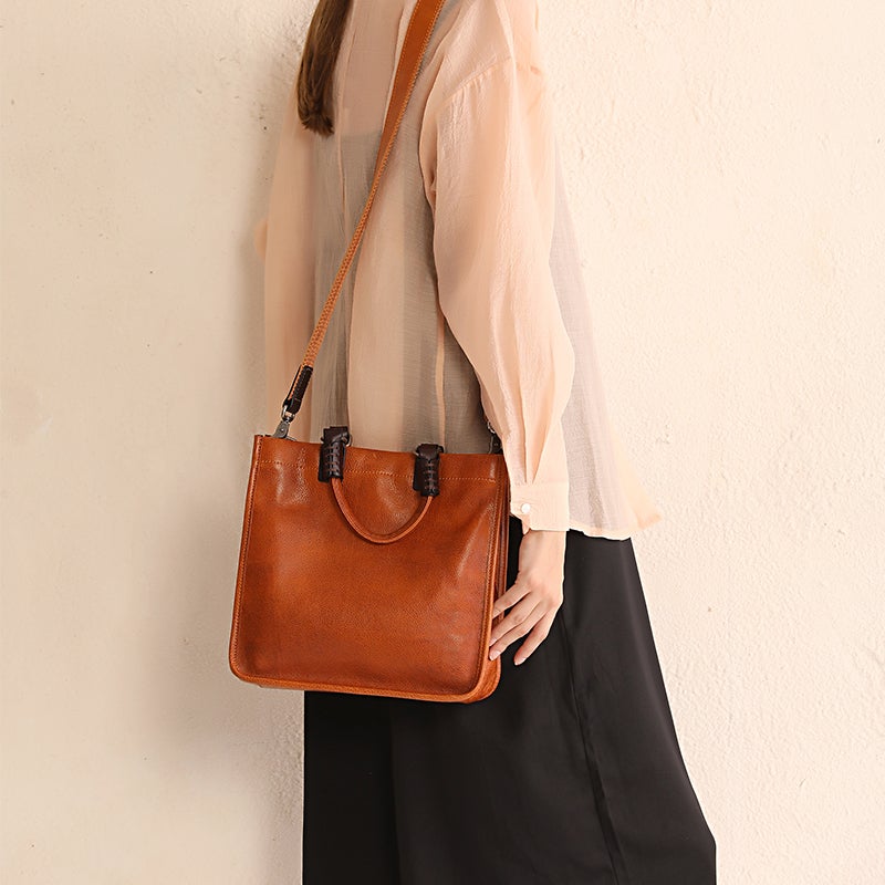 Vintage Brown Leather Handbag Tote Black Shopper Bag Shoulder Tote Purse For Women