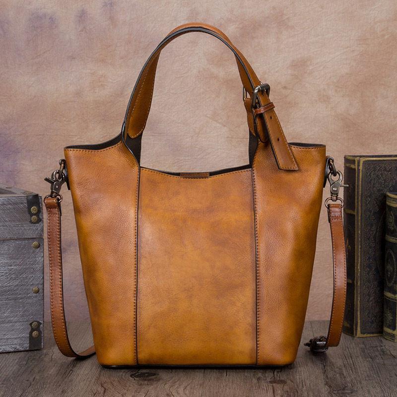 Retro Leather Vertical Tote Bucket Handbags For Women