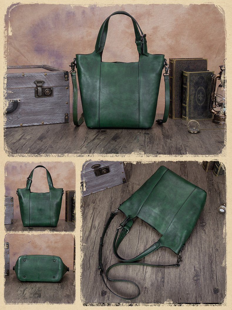 Retro Leather Vertical Tote Bucket Handbags For Women
