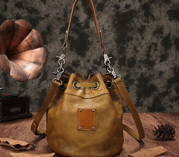 Metal Embellished Leather Bucket Handbag