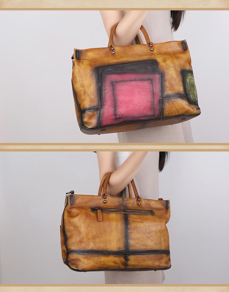 Vintage Color Brown Block Women Leather Tote Handbags Shopping Bag Purse Handbags Shoulder Bags