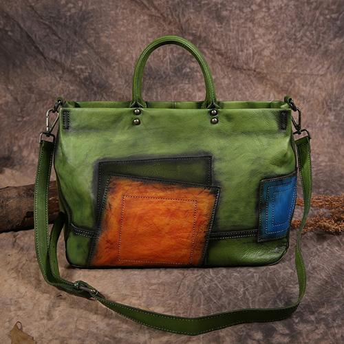 Vintage Color Brown Block Women Leather Tote Handbags Shopping Bag Purse Handbags Shoulder Bags