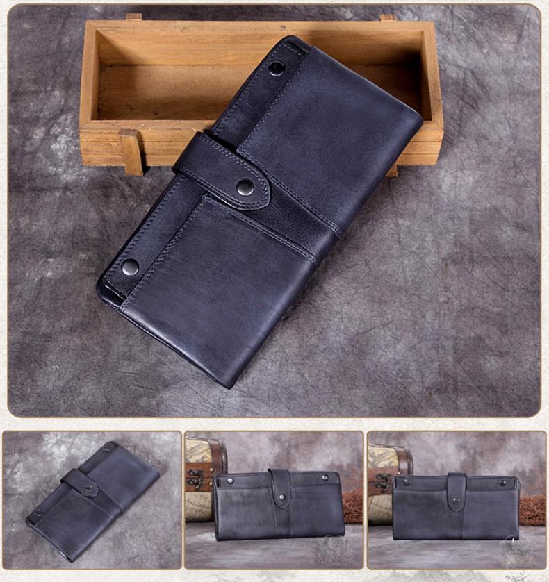 Grey Vintage Leather Long Wallet Phone Clutch Purse