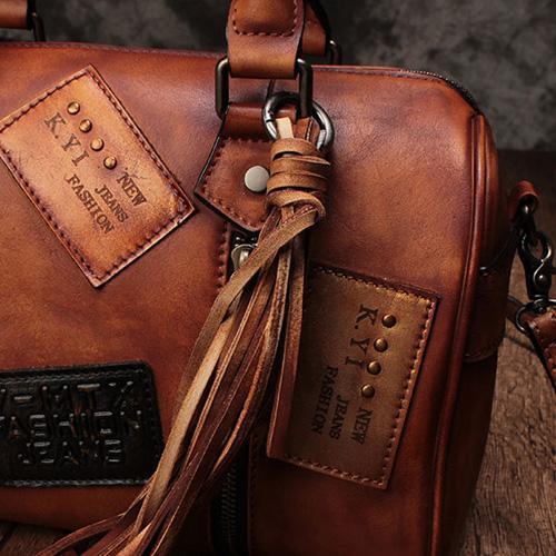 Vintage Women Brown Leather Boston Handbags Leather Boston Shoulder Bags Purses with Tassels