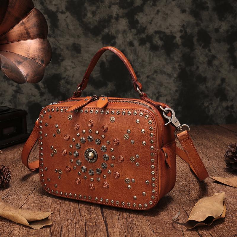 Vintage Brown Stud Crossbody Bag Italian Leather Women's Square
