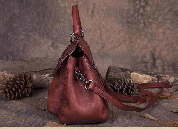 Red Vintage Leather Purse Handmade Rivet Satchel Handbag Shoulder Bags Crossbody Purses