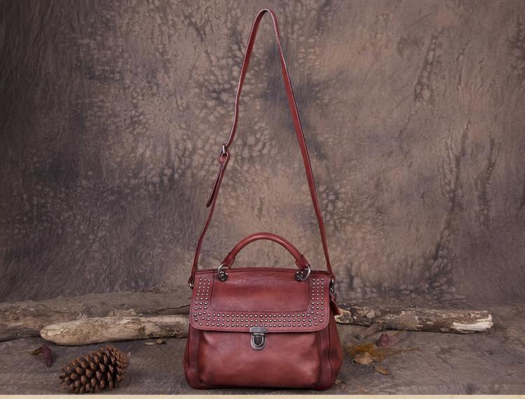 Red Vintage Leather Purse Handmade Rivet Satchel Handbag Shoulder Bags Crossbody Purses