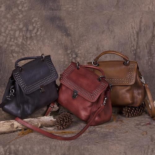 Gray Vintage Leather Purse Handmade Rivet Satchel Handbag Shoulder Bags Crossbody Purses