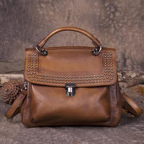 Gray Vintage Leather Purse Handmade Rivet Satchel Handbag Shoulder Bags Crossbody Purses