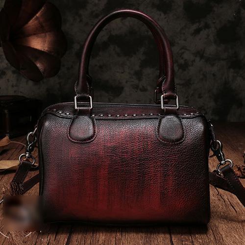 Black Vintage Ladies Leather Rivet Boston Handbag Purse Brown Shoulder Handbag for Women