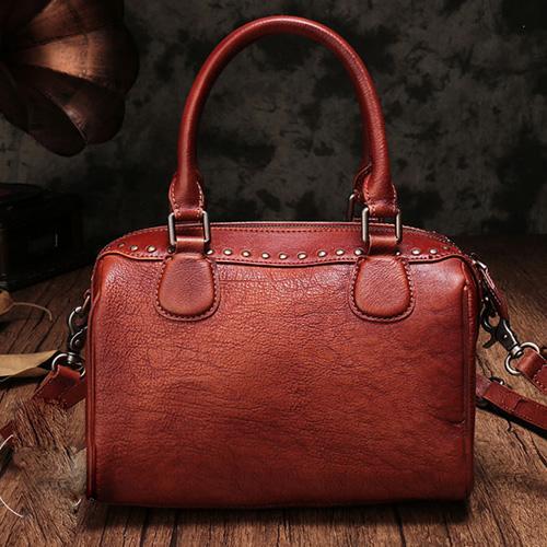 Brown Vintage Ladies Leather Stud Boston Tote Bag