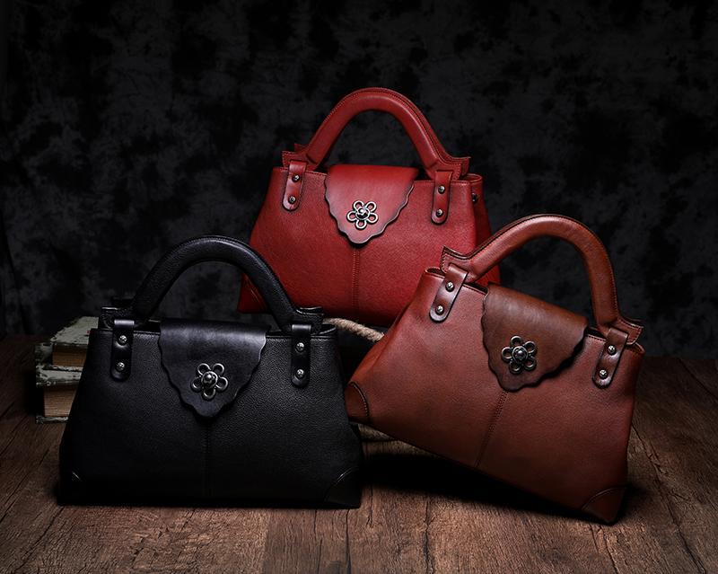 Red Vintage Leather Ladies Satchel Handbag Brown Shoulder Bag Purse for Women
