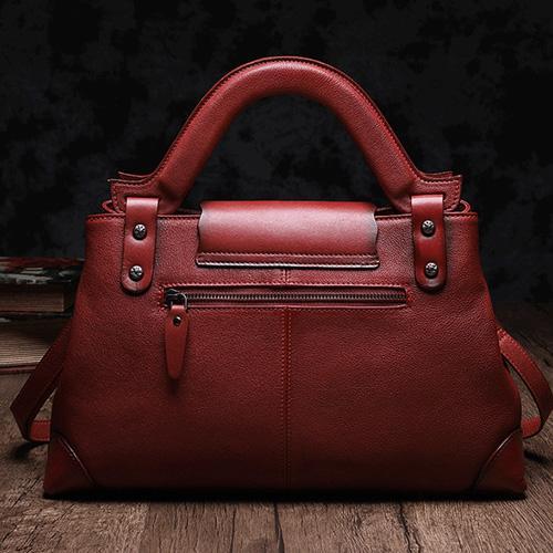 Red Vintage Leather Ladies Satchel Handbag Brown Shoulder Bag Purse for Women
