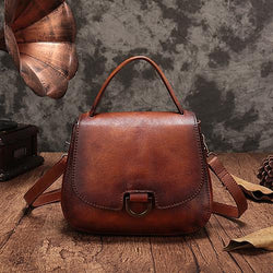 Vintage Womens Brown Leather Small Handbag Shoulder Bag Dome Satchel Purse Bag for Ladies